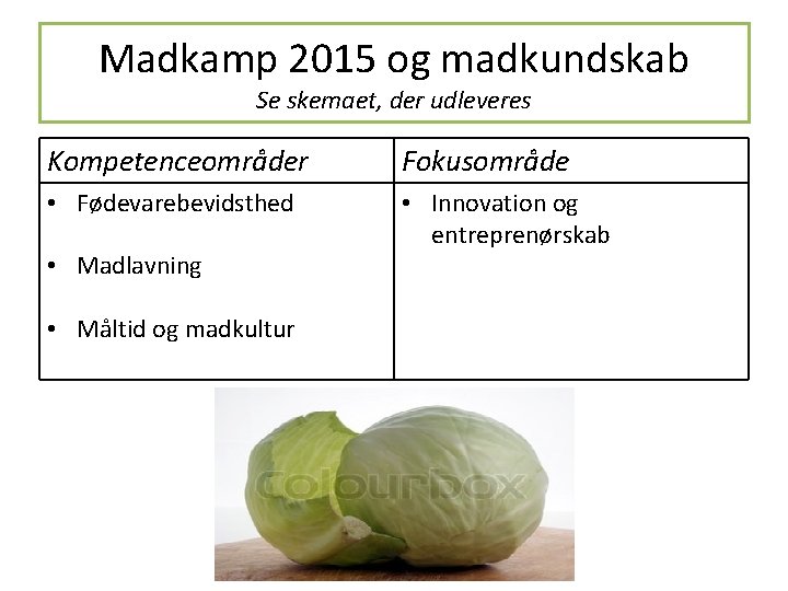 Madkamp 2015 og madkundskab Se skemaet, der udleveres Kompetenceområder Fokusområde • Fødevarebevidsthed • Innovation