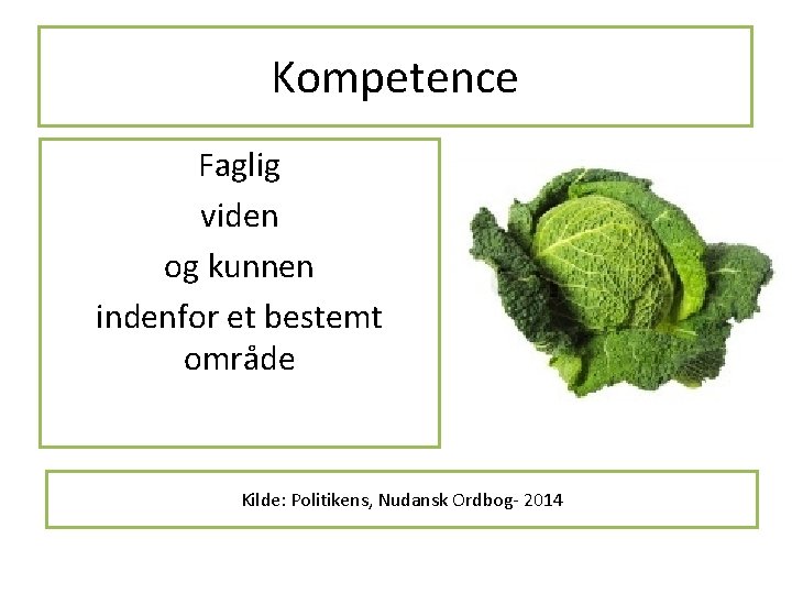 Kompetence Faglig viden og kunnen indenfor et bestemt område Kilde: Politikens, Nudansk Ordbog- 2014