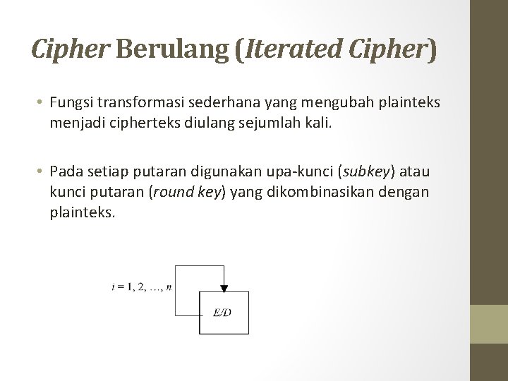 Cipher Berulang (Iterated Cipher) • Fungsi transformasi sederhana yang mengubah plainteks menjadi cipherteks diulang