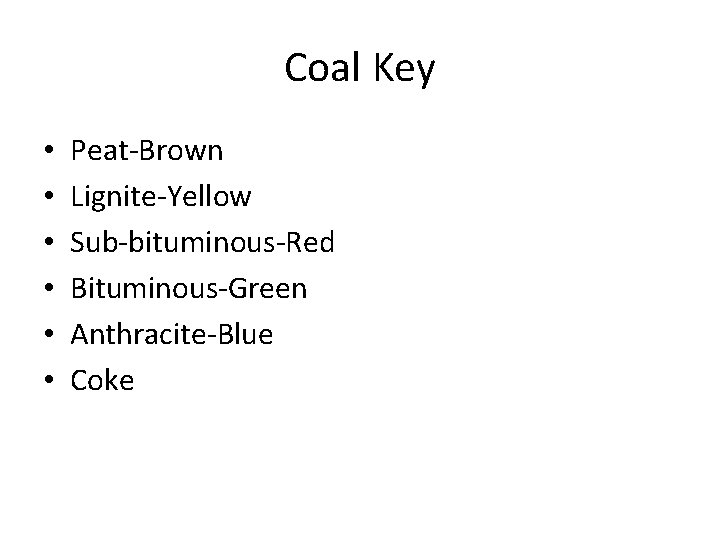 Coal Key • • • Peat‐Brown Lignite‐Yellow Sub‐bituminous‐Red Bituminous‐Green Anthracite‐Blue Coke 