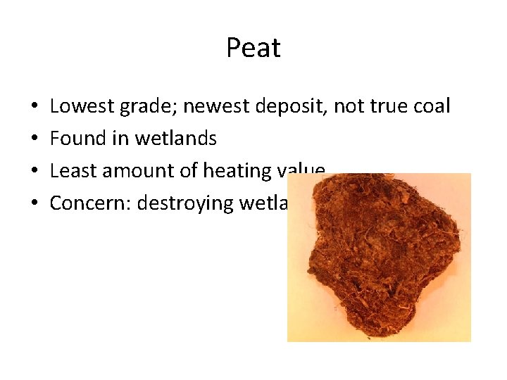 Peat • • Lowest grade; newest deposit, not true coal Found in wetlands Least