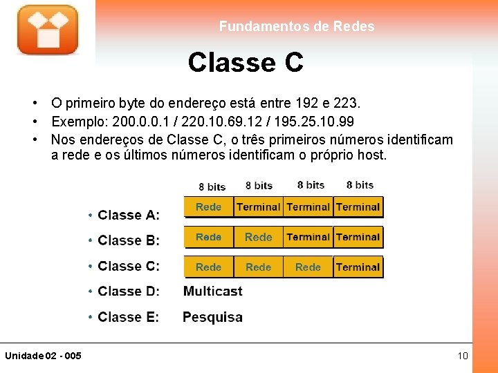 Fundamentos de Redes Classe C • O primeiro byte do endereço está entre 192