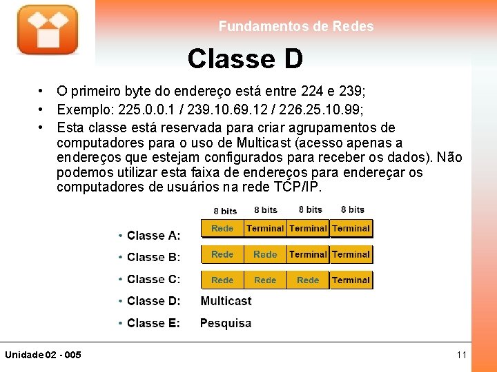 Fundamentos de Redes Classe D • O primeiro byte do endereço está entre 224