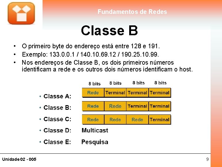 Fundamentos de Redes Classe B • O primeiro byte do endereço está entre 128