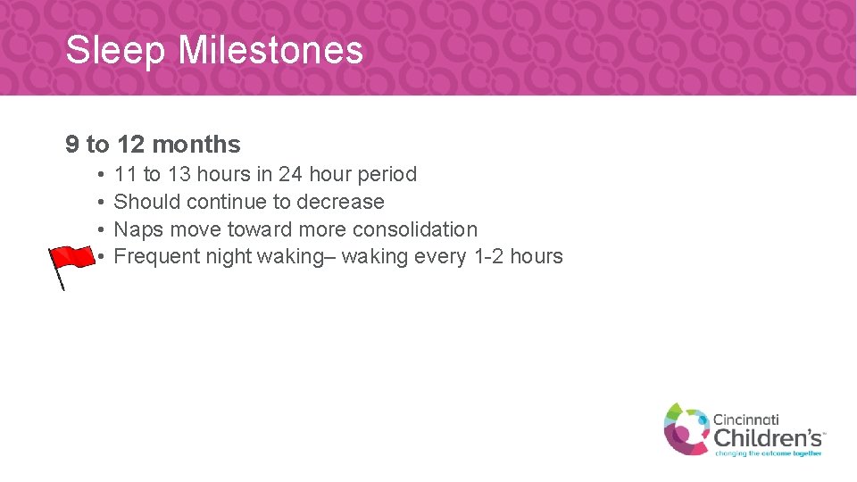 Sleep Milestones 9 to 12 months • • 11 to 13 hours in 24