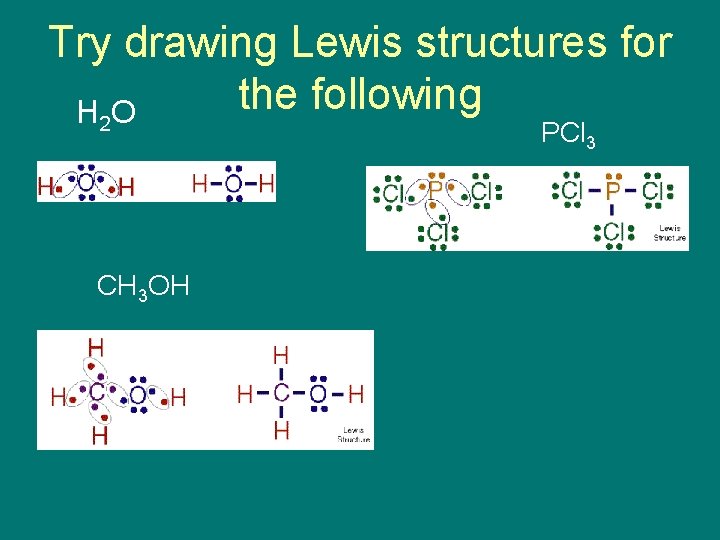 Try drawing Lewis structures for the following H 2 O PCl 3 CH 3