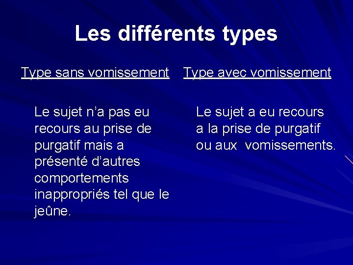 Les différents types Type sans vomissement Type avec vomissement Le sujet n’a pas eu