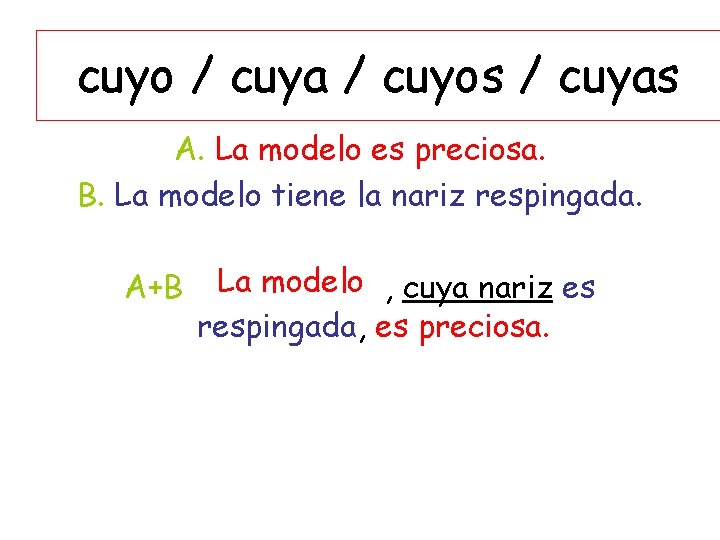 cuyo / cuya / cuyos / cuyas A. La modelo es preciosa. B. La