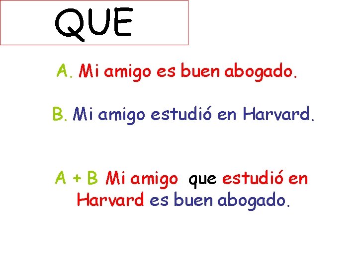 QUE A. Mi amigo es buen abogado. B. Mi amigo estudió en Harvard. A