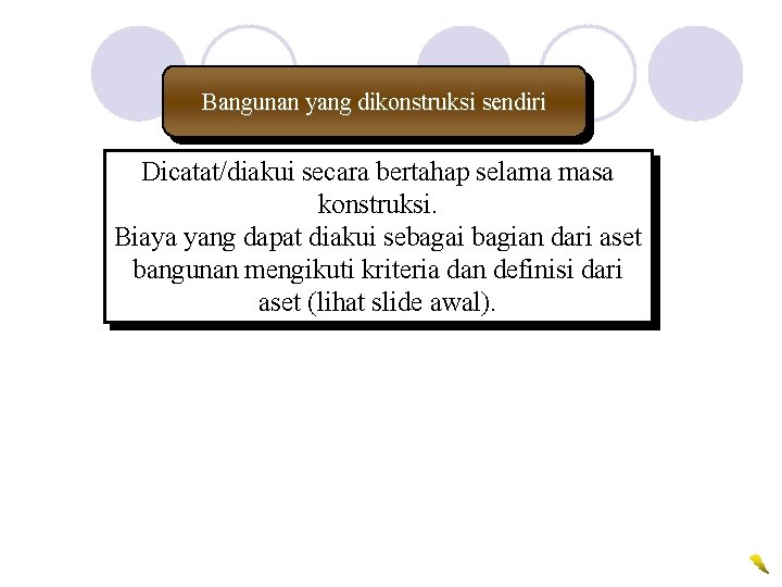 Bangunan yang dikonstruksi sendiri Dicatat/diakui secara bertahap selama masa konstruksi. Biaya yang dapat diakui
