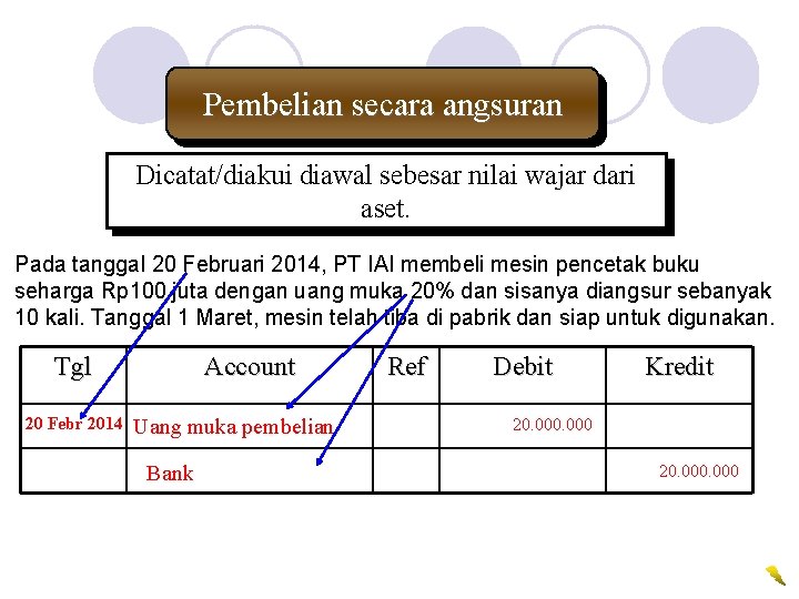 Pembelian secara angsuran Dicatat/diakui diawal sebesar nilai wajar dari aset. Pada tanggal 20 Februari