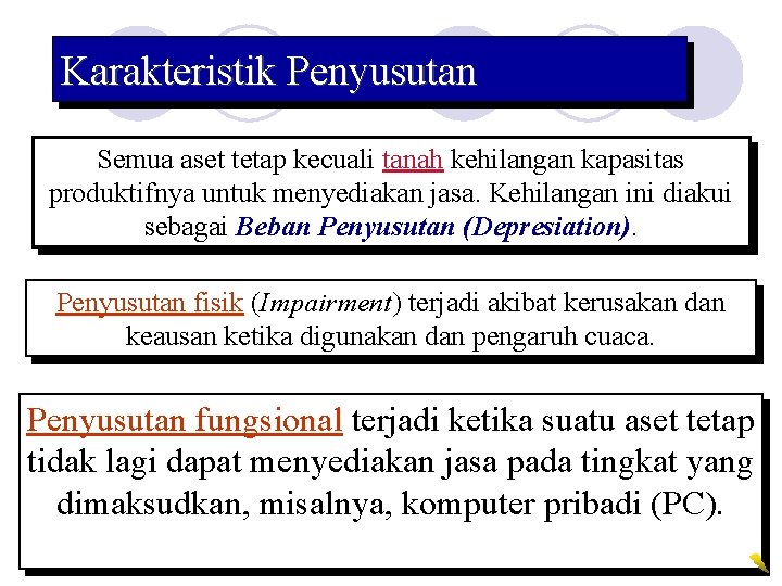 Karakteristik Penyusutan Semua aset tetap kecuali tanah kehilangan kapasitas produktifnya untuk menyediakan jasa. Kehilangan