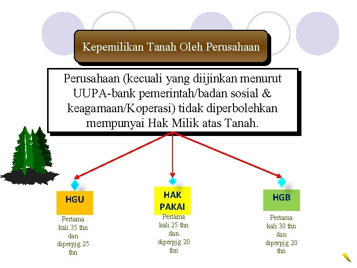 Kepemilikan Tanah Oleh Perusahaan (kecuali yang diijinkan menurut UUPA-bank pemerintah/badan sosial & keagamaan/Koperasi) tidak