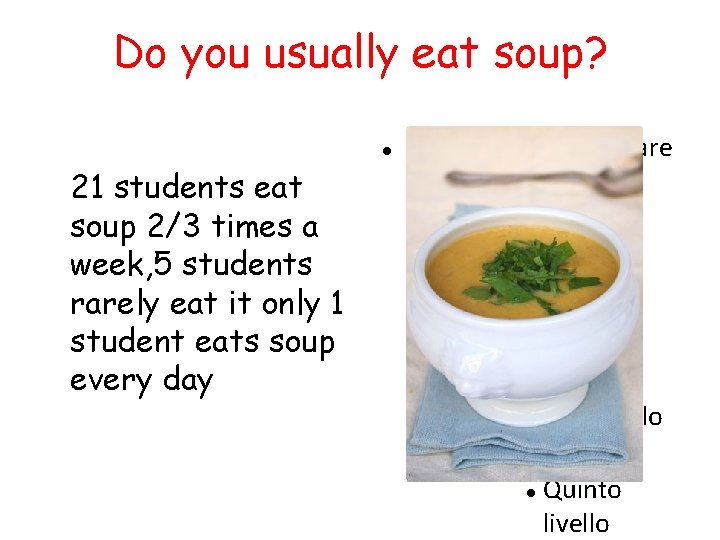 Do you usually eat soup? 21 students eat soup 2/3 times a week, 5
