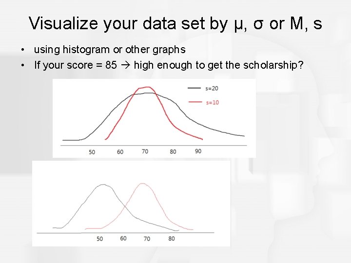 Visualize your data set by μ, σ or M, s • using histogram or