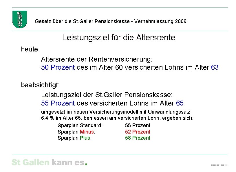 Gesetz über die St. Galler Pensionskasse - Vernehmlassung 2009 Leistungsziel für die Altersrente heute: