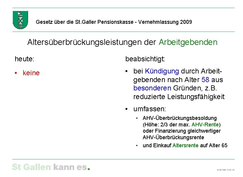 Gesetz über die St. Galler Pensionskasse - Vernehmlassung 2009 Altersüberbrückungsleistungen der Arbeitgebenden heute: beabsichtigt: