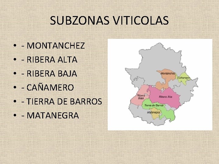 SUBZONAS VITICOLAS • • • - MONTANCHEZ - RIBERA ALTA - RIBERA BAJA -