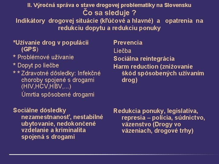 II. Výročná správa o stave drogovej problematiky na Slovensku Čo sa sleduje ? Indikátory