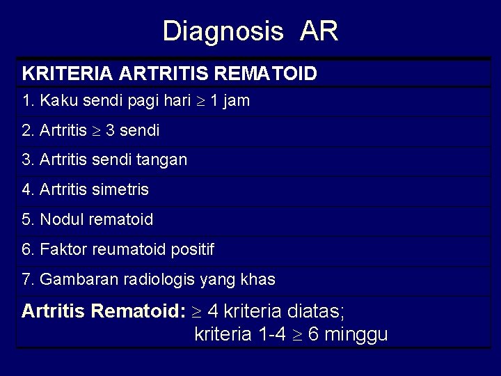 Diagnosis AR KRITERIA ARTRITIS REMATOID 1. Kaku sendi pagi hari 1 jam 2. Artritis