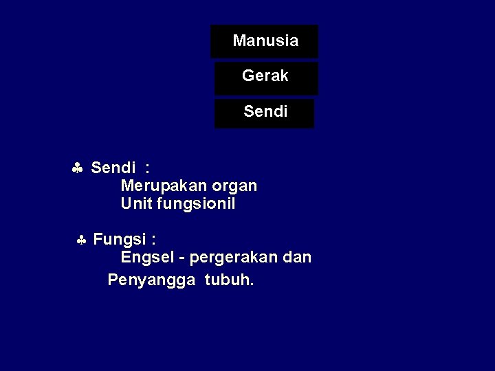 Manusia Gerak Sendi : Merupakan organ Unit fungsionil Fungsi : Engsel - pergerakan dan