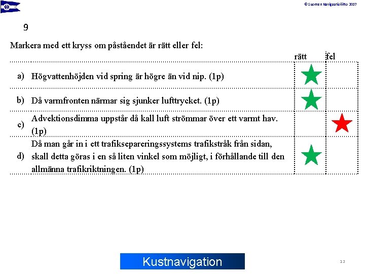 © Suomen Navigaatioliitto 2017 9 Markera med ett kryss om påståendet är rätt eller