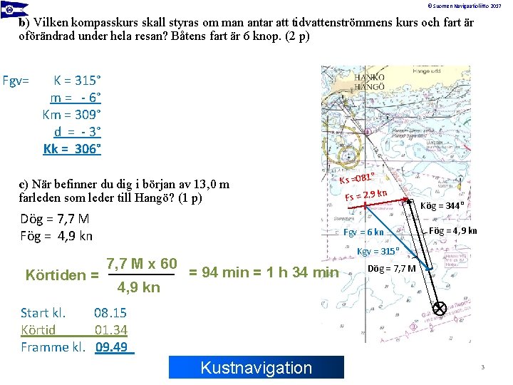 © Suomen Navigaatioliitto 2017 b) Vilken kompasskurs skall styras om man antar att tidvattenströmmens