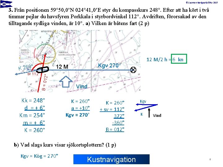 © Suomen Navigaatioliitto 2017 3. Från positionen 59° 50, 0’N 024° 41, 0’E styr