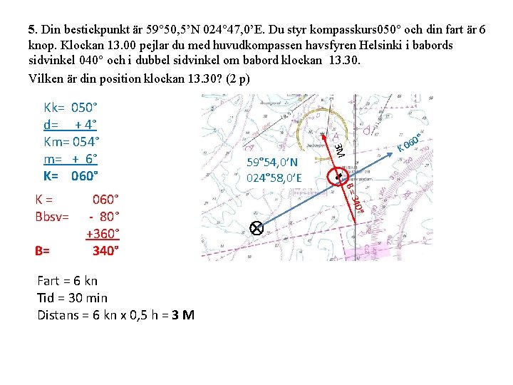 5. Din bestickpunkt är 59° 50, 5’N 024° 47, 0’E. Du styr kompasskurs 050°