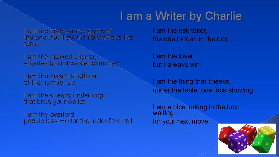 I am a Writer by Charlie I am the professional gambler, the one that