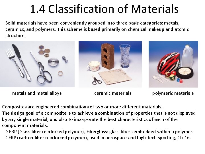 1. 4 Classification of Materials Solid materials have been conveniently grouped into three basic