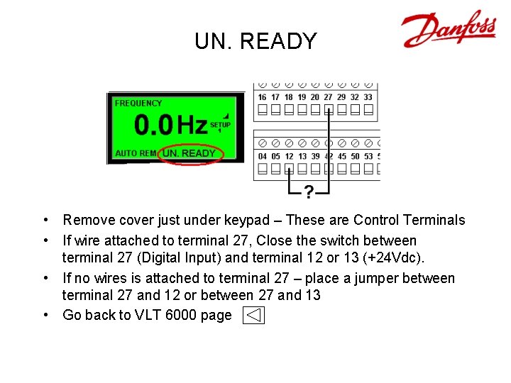 UN. READY • Remove cover just under keypad – These are Control Terminals •