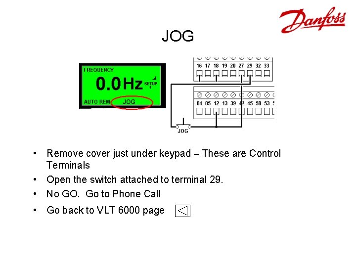 JOG • Remove cover just under keypad – These are Control Terminals • Open