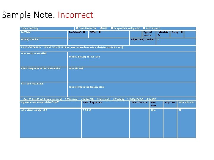 Sample Note: Incorrect Type of Activity Location: Transitional CM CSP Supported Employment Peer Support