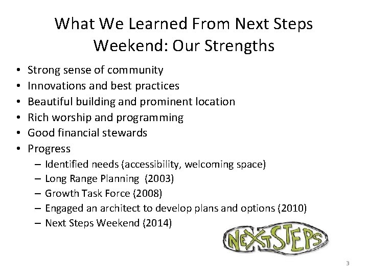 What We Learned From Next Steps Weekend: Our Strengths • • • Strong sense