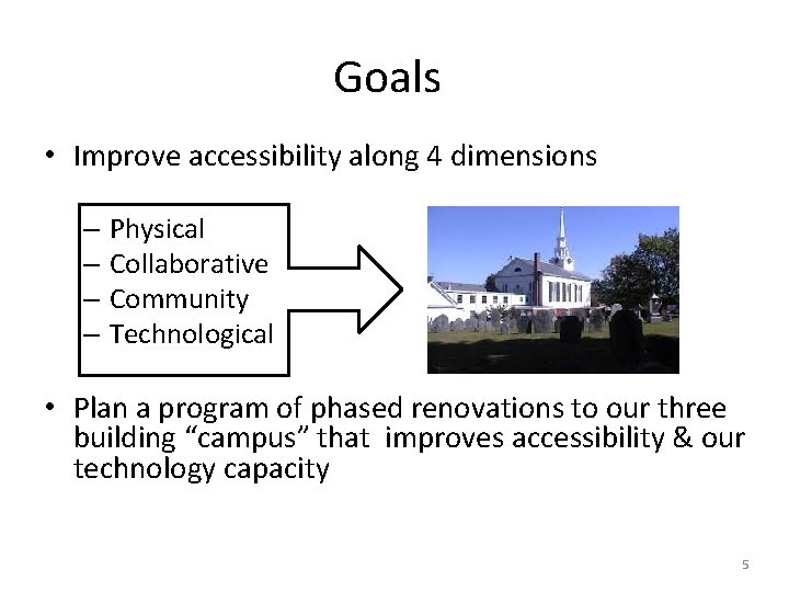 Goals • Improve accessibility along 4 dimensions – – Physical Collaborative Community Technological •