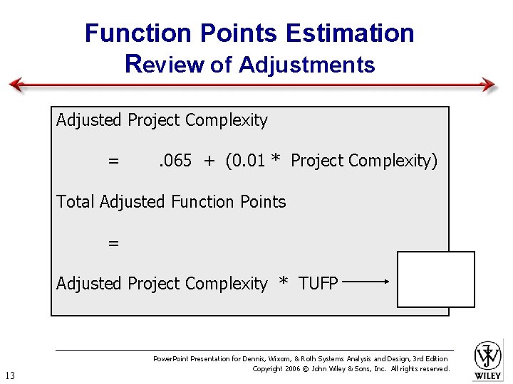 Function Points Estimation Review of Adjustments Adjusted Project Complexity = . 065 + (0.