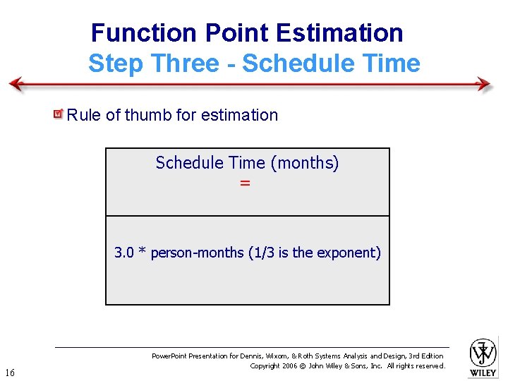 Function Point Estimation Step Three - Schedule Time Rule of thumb for estimation Schedule