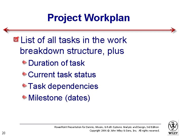 Project Workplan List of all tasks in the work breakdown structure, plus Duration of