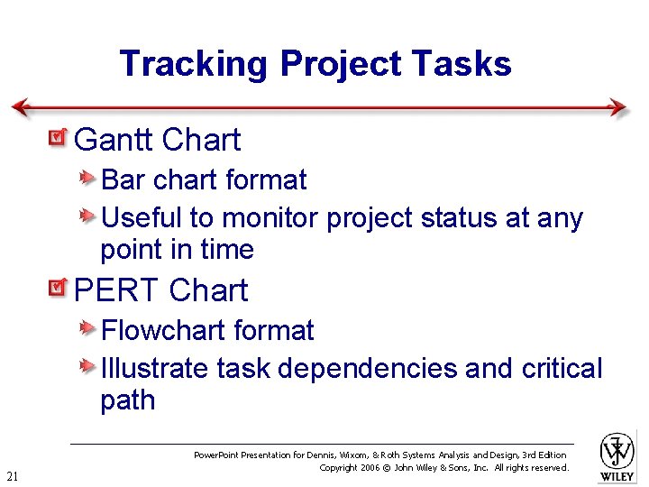 Tracking Project Tasks Gantt Chart Bar chart format Useful to monitor project status at