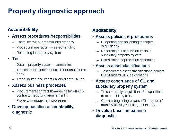Property diagnostic approach Accountability • Assess procedures /responsibilities – Entire life cycle- program and