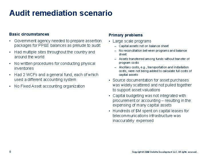 Audit remediation scenario Basic circumstances • Government agency needed to prepare assertion packages for