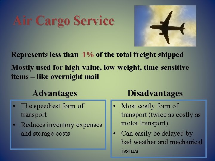 Air Cargo Service Represents less than 1% of the total freight shipped Mostly used