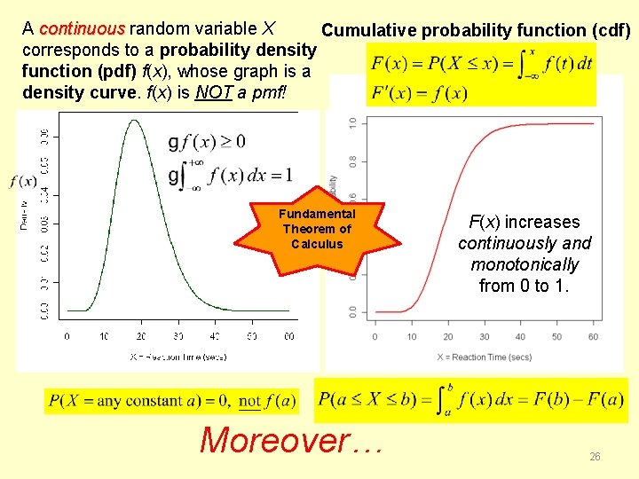 A continuous random variable X Cumulative probability function (cdf) In summary… corresponds to a