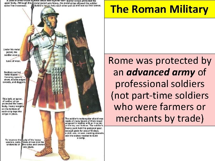 The Roman Military Rome was protected by an advanced army of professional soldiers (not