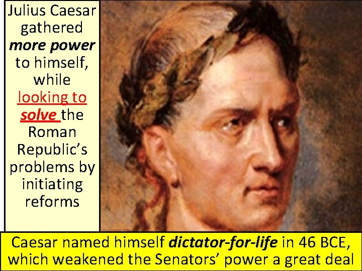 Julius Caesar gathered more power to himself, while looking to solve the Roman Republic’s