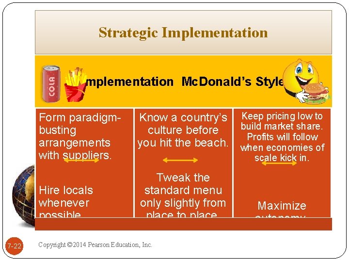 Strategic Implementation Mc. Donald’s Style Form paradigmbusting arrangements with suppliers. Hire locals whenever possible.