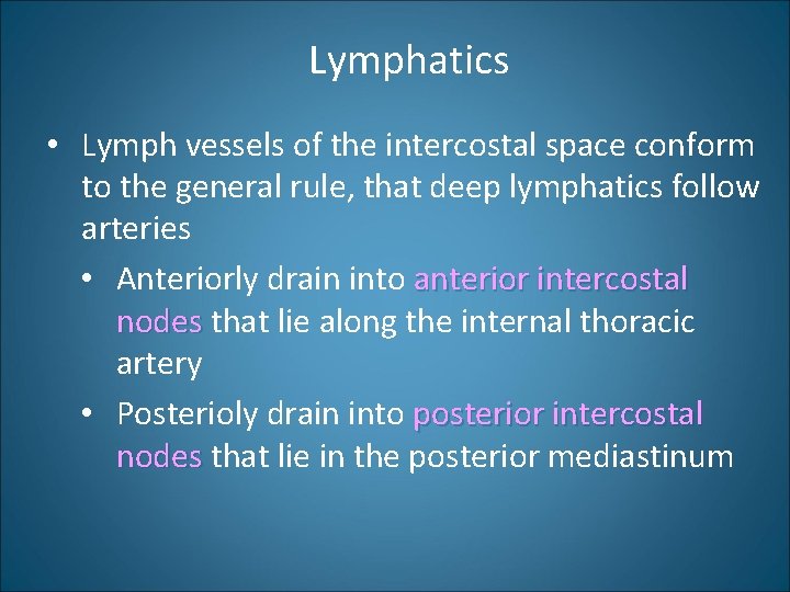 Lymphatics • Lymph vessels of the intercostal space conform to the general rule, that