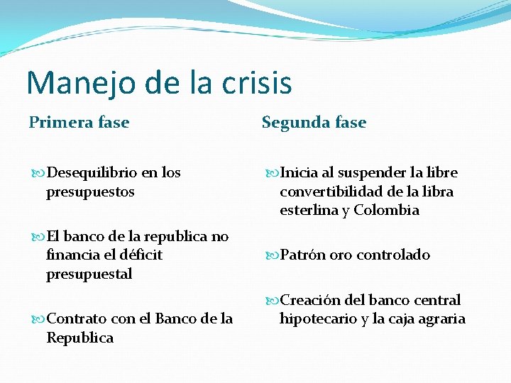 Manejo de la crisis Primera fase Segunda fase Desequilibrio en los presupuestos Inicia al