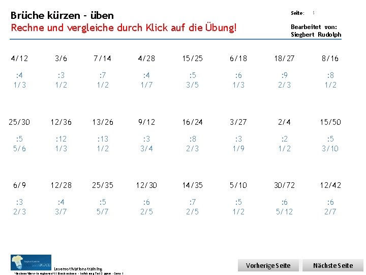Übungsart: Brüche kürzen – üben Rechne und vergleiche durch Klick auf die Übung! Seite: